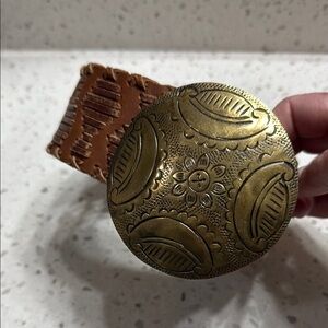 Chicos Brass and woven leather belt BoHo distressed brown total Length 39.5”